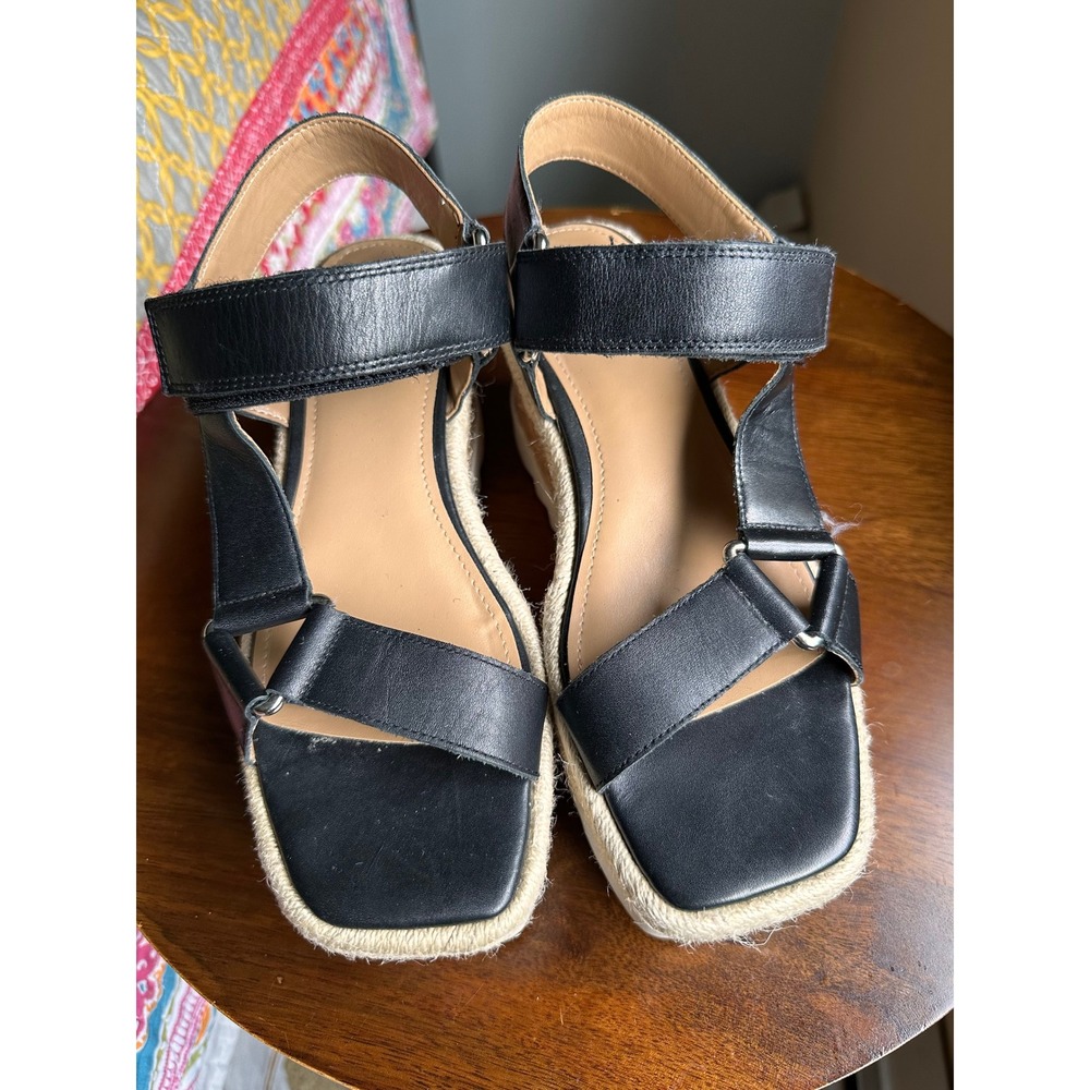 Marc Fisher LTD Gylian Black Leather Platform Espadrille Cork Wedge Sandals 5.5M